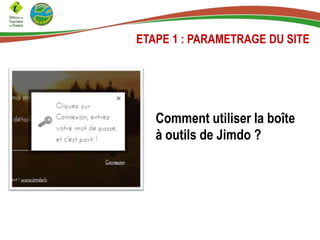 ETAPE 1 : PARAMETRAGE DU SITE
Comment utiliser la boîte
à outils de Jimdo ?
 