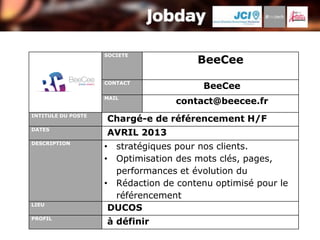 SOCIETE
                                       BeeCee
                    CONTACT
                                         BeeCee
                    MAIL
                                   contact@beecee.fr
INTITULE DU POSTE
                    Chargé-e de référencement H/F
DATES
                    AVRIL 2013
DESCRIPTION
                    • stratégiques pour nos clients.
                    • Optimisation des mots clés, pages,
                      performances et évolution du
                    • Rédaction de contenu optimisé pour le
                      référencement
LIEU
                     DUCOS
PROFIL
                    à définir
 