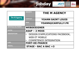 SOCIETE
                                THE M AGENCY
                    CONTACT
                               YOANN SAINT LOUIS
                    MAIL
                               YOANN@CARFULLY.FR
INTITULE DU POSTE
                    WEBDESIGNER
DATES
                    ASAP – 2 MOIS
DESCRIPTION
                    • DESIGN D’APPLICATIONS FACEBOOK,
                      WEB ET MOBILE
                    • COMPETENCE INTEGRATION
LIEU
                    FORT-DE-FRANCE
PROFIL
                    STAGE - BAC A BAC +3
 