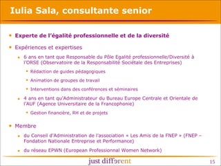 Iulia Sala, consultante senior
• Experte de l’égalité professionnelle et de la diversité
• Expériences et expertises


6 ans en tant que Responsable du Pôle Egalité professionnelle/Diversité à
l’ORSE (Observatoire de la Responsabilité Sociétale des Entreprises)

 Rédaction de guides pédagogiques
 Animation de groupes de travail
 Interventions dans des conférences et séminaires


4 ans en tant qu’Administrateur du Bureau Europe Centrale et Orientale de
l’AUF (Agence Universitaire de la Francophonie)

 Gestion financière, RH et de projets

• Membre




du Conseil d’Administration de l’association « Les Amis de la FNEP » (FNEP –
Fondation Nationale Entreprise et Performance)
du réseau EPWN (European Professionnal Women Network)

15

 