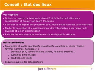 Conseil : Etat des lieux
Vos objectifs
• Obtenir un aperçu de l’état de la diversité et de la discrimination dans
l’organisation et évaluer son degré d’inclusion
• S’assurer de la légalité des processus et du mode d’utilisation des outils existants
• Etudier la perception et le positionnement des collaborateurs par rapport à la
diversité et la non-discrimination
• Identifier les connaissances de chacun sur les dispositifs existants
Nos interventions
• Diagnostics et audits quantitatifs et qualitatifs, complets ou ciblés (égalité
femmes-hommes, handicap…) :
processus (RH, communication, achats, relations externes…)






systèmes d’information
conditions de travail

• Enquêtes auprès des collaborateurs
7

 