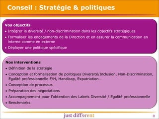 Conseil : Stratégie & politiques
Vos objectifs
• Intégrer la diversité / non-discrimination dans les objectifs stratégiques
• Formaliser les engagements de la Direction et en assurer la communication en
interne comme en externe
• Déployer une politique spécifique

Nos interventions
• Définition de la stratégie
• Conception et formalisation de politiques Diversité/Inclusion, Non-Discrimination,
Egalité professionnelle F/H, Handicap, Expatriation…
• Conception de processus
• Préparation des négociations
• Accompagnement pour l’obtention des Labels Diversité / Egalité professionnelle
• Benchmarks
8

 