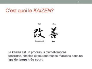 3




C’est quoi le KAIZEN?




Le kaizen est un processus d'améliorations
concrètes, simples et peu onéreuses réalisées dans un
laps de temps très court.
 