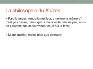 4




La philosophie du Kaizen
« Fais-le mieux, rends-le meilleur, améliore-le même s’il
n’est pas cassé, parce que si nous ne le faisons pas, nous
ne pouvons pas concurrencer ceux qui le font»

« Mieux qu'hier, moins bien que demain»
 