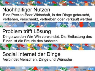 © R. Karger
Social Internet der Dinge
Verbindet Menschen, Dinge und Wünsche
Problem trifft Lösung
Dinge werden Win-Win verwendet. Die Entlastung des
Einen ist die Freude des Anderen
Nachhaltiger Nutzen
Eine Peer-to-Peer Wirtschaft, in der Dinge getauscht,
verliehen, verschenkt, vertrieben oder verkauft werden
 
