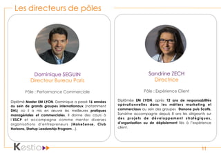 Les directeurs de pôles
11
Dominique SEGUIN
Directeur Bureau Paris
Pôle : Performance Commerciale
Sandrine ZECH
Directrice
Pôle : Expérience Client
Diplômée EM LYON, après 12 ans de responsabilités
opérationnelles dans les métiers marketing et
commerciaux au sein des groupes Danone puis Scotts,
Sandrine accompagne  depuis 8 ans les dirigeants sur
des projets de développement stratégiques,
d’organisation ou de déploiement liés à l’expérience
client.
Diplômé Master EM LYON, Dominique a passé 16 années
au sein de grands groupes internationaux (notamment
DHL) où il a mis en œuvre les meilleures pratiques
managériales et commerciales, Il donne des cours à
l’ESCP et accompagne comme mentor diverses
organisations d’entrepreneurs (MakeSense, Club
Horizons, Startup Leadership Program…).
 