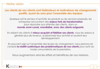 Notre vision
3
Les clients de nos clients sont fédérateurs et motivateurs de changements
positifs, ayant du sens pour l’ensemble des équipes
Quelque soit le secteur d’activité, les produits ou les services proposés, les
entreprises rencontrent des enjeux forts de transformation
pour répondre aux attentes des clients, dans un
monde omni-canal, mondialisé, avec des clients exigeants.
En aidant nos clients à mieux acquérir et fidéliser ses clients, nous les aidons à
générer plus de revenus, à pérenniser leur activité et soutenir leur
développement.
En pouvant agir sur l’ensemble des leviers du changement, nous prenons en
compte la réalité systémique des problématiques de nos clients pour sortir du
mode consumériste de la prestation.
Nous augmentons ainsi les effets et bénéfices de nos missions.
 