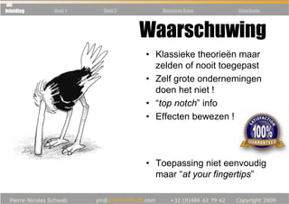 Inleiding   Deel 1   Deel 2      Business Case     Conclusie



                              Waarschuwing
                              • Klassieke theorieën maar
                                zelden of nooit toegepast
                              • Zelf grote ondernemingen
                                doen het niet !
                              • “top notch” info
                              • Effecten bewezen !




                              • Toepassing niet eenvoudig
                                maar “at your fingertips”
 