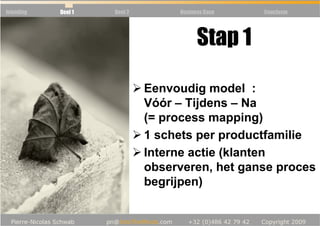 Inleiding   Deel 1   Deel 2        Business Case   Conclusie




                                         Stap 1

                              Eenvoudig model :
                              Vóór – Tijdens – Na
                              (= process mapping)
                              1 schets per productfamilie
                              Interne actie (klanten
                              observeren, het ganse proces
                              begrijpen)
 