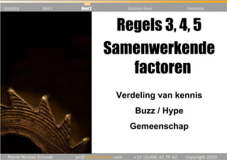 Inleiding   Deel 1   Deel 2      Business Case    Conclusie




                                Regels 3, 4, 5
                              Samenwerkende
                                  factoren
                               Verdeling van kennis
                                    Buzz / Hype
                                  Gemeenschap
 