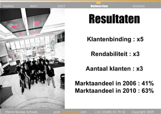 Inleiding   Deel 1   Deel 2        Business Case   Conclusie




                                  Resultaten
                                 Klantenbinding : x5

                                   Rendabiliteit : x3

                                 Aantaal klanten : x3

                              Marktaandeel in 2006 : 41%
                              Marktaandeel in 2010 : 63%
 