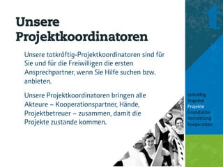 Unsere
Projektkoordinatoren
 Unsere tatkräftig-Projektkoordinatoren sind für
 Sie und für die Freiwilligen die ersten
 Ansprechpartner, wenn Sie Hilfe suchen bzw.
 anbieten.
 Unsere Projektkoordinatoren bringen alle          tatkrä'ig	
  
                                                   Angebot	
  
 Akteure – Kooperationspartner, Hände,             Projekte	
  
 Projektbetreuer – zusammen, damit die             Grundsätze	
  
                                                   Vermi8lung	
  
 Projekte zustande kommen.                         Koopera<on	
  
                                                   	
  
                                                   	
  
 
