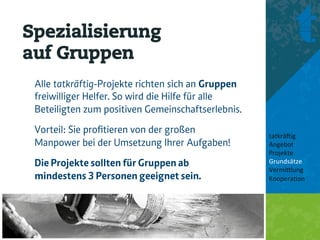 Spezialisierung
auf Gruppen
 Alle tatkräftig-Projekte richten sich an Gruppen
 freiwilliger Helfer. So wird die Hilfe für alle
 Beteiligten zum positiven Gemeinschaftserlebnis.
 Vorteil: Sie proﬁtieren von der großen
                                                    tatkrä'ig	
  
 Manpower bei der Umsetzung Ihrer Aufgaben!         Angebot	
  
                                                    Projekte	
  
 Die Projekte sollten für Gruppen ab                Grundsätze	
  
                                                    Vermi8lung	
  
 mindestens 3 Personen geeignet sein.               Koopera<on	
  
                                                    	
  
                                                    	
  
 
