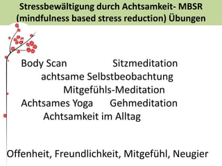 Stressbewältigung durch Achtsamkeit- MBSR
(mindfulness based stress reduction) Übungen
Body Scan Sitzmeditation
achtsame Selbstbeobachtung
Mitgefühls-Meditation
Achtsames Yoga Gehmeditation
Achtsamkeit im Alltag
Offenheit, Freundlichkeit, Mitgefühl, Neugier
 