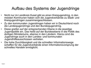 Aufbau des Systems der Jugendringe Nicht nur im Landkreis Kusel gibt es einen Kreisjugendring, in den meisten Kommunen haben sich die Jugendverbände zu Stadt- und Kreisjugendringen zusammengeschlossen.  Zu den kommunalen Jugendringen haben wir in Deutschland noch die Landesjugendringe und den Bundesjugendring. Diese greifen auf der entsprechenden Ebene in die jeweilige Jugendpolitik ein. Das heißt auf der Bundesebene in die Politik des dortigen Ministeriums, ebenso in den Ländern. Hierzu sind die Jugendringe auch in den Landes- und kommunalen Jugendhilfeausschüssen vertreten.  Die hohe Durchlässigkeit und die schnellen Informationswege schaffen für die Jugendverbände einen Informationsvorsprung der schnelles Handeln ermöglicht.  Folie 5 