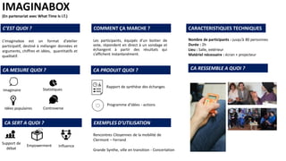 IMAGINABOX
(En partenariat avec What Time Is I.T.)
L’imaginabox est un format d’atelier
participatif, destiné à mélanger données et
arguments, chiffres et idées, quantitatifs et
qualitatif.
Les participants, équipés d’un boitier de
vote, répondent en direct à un sondage et
échangent à partir des résultats qui
s’affichent instantanément.
C’EST QUOI ? COMMENT ÇA MARCHE ? CARACTERISTIQUES TECHNIQUES
Nombre de participants : jusqu’à 80 personnes
Durée : 2h
Lieu : Salle, extérieur
Matériel nécessaire : écran + projecteur
CA MESURE QUOI ?
CA SERT A QUOI ?
Imaginaire
CA RESSEMBLE A QUOI ?
Idées populaires
Statistiques
Controverse
Support de
débat
CA PRODUIT QUOI ?
EXEMPLES D’UTILISATION
Empowerment Influence
Rencontres Citoyennes de la mobilité de
Clermont – Ferrand
Grande Synthe, ville en transition - Concertation
Rapport de synthèse des échanges
Programme d’idées - actions
 