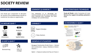 SOCIETY REVIEW
Une étude pour comprendre et décrypter
les ressorts d’une problématique donnée et
transformer les enjeux en opportunités.
Une exploration et un décryptage des
contenus produits par des sources spécialisées
et/ou influentes pour consolider une vision
stratégique de la problématique.
C’EST QUOI ? COMMENT ÇA MARCHE ? CARACTERISTIQUES TECHNIQUES
Durée de l’étude : entre 2 semaines et 1 mois
Remise d’un rapport de synthèse présenté à
l’oral
CA MESURE QUOI ?
CA SERT A QUOI ?
Opinion
CA RESSEMBLE A QUOI ?
Influenceurs
LIVRABLES ?
EXEMPLES D’UTILISATION
Aide à la
stratégie
Bouygues Construction île-de-France : « Secteur
de la construction : enjeux, initiatives et leviers
d’action ».
Xylem : « Enjeux et acteurs de l’eau en France »
Rapport d’analyse
Pistes d’actions
Tendances
Signaux faibles
Brainstorming
 
