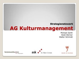 Strategienetzwerk

AG Kulturmanagement
Michael Zarth
Heidi Werner
Walter Schmidt

 