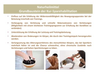 Naturheilmittel
Grundbaustein der Kur-Sparehabilitation
• Einfluss auf die Erhöhung der Widerstandsfähigkeit des Bewegungsapparates bei der
Belastung innerhalb von Trainings.
• Vorbeugung von Verletzung und schnelle Rekonvaleszenz von Verletzungen
(Möglichkeit mit einem leichteren Trainingsprogramm zur Erhaltung der Kondition zu
verbinden).
• Unterstützung der Erhöhung der Leistung und Trainingsbelastung.
• Akzeleration von Änderungen im Körper, die durch den Trainingsimpuls hervorgerufen
werden.
• Verlangsamung des Alterungsverfahrens des menschlichen Körpers, das bei Sportlern
mehrfach höher ist und die Chance schmerzfrei, ohne chronische Zustände nach
Verletzungen und hohen Sportleistungen zu leben.
 