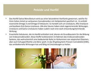 Peloide und Hanföl
• Das Hanföl Sativa Manufacture wird aus einer besonderen Hanfsorte gewonnen, welche für
ihren hohen Anteil an wirksamen Cannabinoiden mit Heilpotential spezifisch ist . Es enthält
essenzielle Omega-3 und Omega-6 Fettsäuren. Es handelt sich um Linolsäure, Alfa-linolsäure
und kostbare GLA Gama-Linolsäure. Alle drei Säuren haben stark regenerierende Wirkungen.
Linolsäure und Gama Linolsäuren haben zudem noch eine stark entzündungshemmende
Wirkung.
• Essentielle Fettsäuren, die im Hanföl enthalten sind ,dienen als Grundbaustein für die Bildung
von Endocannabinoiden. Diese Stoffe funktionieren im Rahmen des Endocannabinoiden
Systems, das wahrscheinlich eine bedeutende Rolle im Vorkommen von atopischen Ekzemen,
aber auch Schuppenflechte und Akne spielt. In das Öl gelang beim Pressen Cannabidiol (CBD),
das antibakterielle Wirkungen hat und fähig ist Entzündungen zu heilen.
 