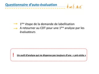 Questionnaire d’auto-évaluation
1ère étape de la demande de labellisation
A retourner au CDT pour une 1ère analyse par les
évaluateurs
! Un outil d’analyse qui ne dispense pas toujours d’une « pré-visite »
 