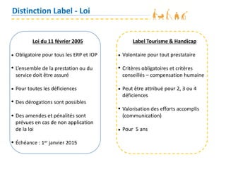 Distinction Label - Loi
Loi du 11 février 2005
Obligatoire pour tous les ERP et IOP
L’ensemble de la prestation ou du
service doit être assuré
Pour toutes les déficiences
Des dérogations sont possibles
Des amendes et pénalités sont
prévues en cas de non application
de la loi
Échéance : 1er janvier 2015
Label Tourisme & Handicap
Volontaire pour tout prestataire
Critères obligatoires et critères
conseillés – compensation humaine
Peut être attribué pour 2, 3 ou 4
déficiences
Valorisation des efforts accomplis
(communication)
Pour 5 ans
 