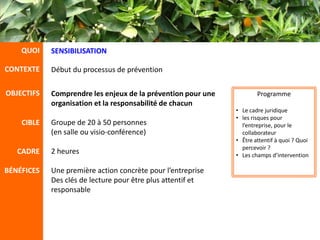 QUOI    SENSIBILISATION

CONTEXTE    Début du processus de prévention

OBJECTIFS   Comprendre les enjeux de la prévention pour une           Programme
            organisation et la responsabilité de chacun
                                                              • Le cadre juridique
                                                              • les risques pour
    CIBLE   Groupe de 20 à 50 personnes                         l’entreprise, pour le
            (en salle ou visio-conférence)                      collaborateur
                                                              • Être attentif à quoi ? Quoi
                                                                percevoir ?
   CADRE    2 heures                                          • Les champs d’intervention

BÉNÉFICES   Une première action concrète pour l’entreprise
            Des clés de lecture pour être plus attentif et
            responsable
 