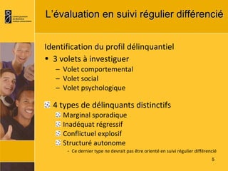 L’évaluation en suivi régulier différencié Identification du profil délinquantiel 3 volets à investiguer   Volet comportemental Volet social Volet psychologique 4 types de délinquants distinctifs Marginal sporadique Inadéquat régressif Conflictuel explosif Structuré autonome -  Ce dernier type ne devrait pas être orienté en suivi régulier différencié 