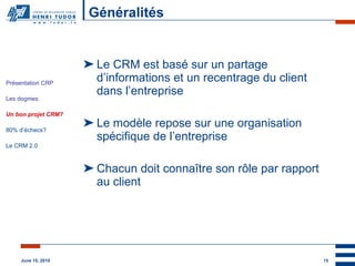 Généralités Le CRM est basé sur un partage d’informations et un recentrage du client dans l’entreprise Le modèle repose sur une organisation spécifique de l’entreprise Chacun doit connaître son rôle par rapport au client Présentation CRP Les dogmes Un bon projet CRM? 80% d’échecs? Le CRM 2.0 