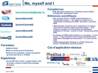 Me, myself and I Formation Ingénieur Esial  Master en Science de la Production Doctorant en marketing / science de gestion @ Université Paris X - CEROS Experience 10 ans CRP Henri Tudor : project leader, chef de projet, customer relationship manager, formateur Compétences CRM, Marketing relationnel, orientation client, fidélité, stratégie RC, satisfaction client Références scientifiques « Key success factors in CRM implementations: A classification essay » - 5th research conference on relationship marketing and CRM – Bruxelles, novembre 2008 «  Méthodologie de gestion de la satisfaction du citoyen-client dans le secteur public luxembourgeois » - 2nd colloque européen sur l’évaluation des politiques publiques en Europe : Culture et futur– Strasbourg, juillet 2008 «A strategy of CRM implementation in a company : a case study » - 11th conference of the International Business Information Management Association – Le Caire, janvier 2009 “ CRM Implementation Strategy in a Public Research Centre”, IFKAD 2010, 23-25 June  2010 Cas d’application-réseaux [email_address] laurentbravetti laurent.bravetti laurentbravetti laurentbravetti 
