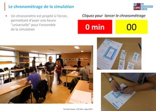 • Un chronomètre est projeté à l'écran,
permettant d'avoir une heure
"universelle" pour l'ensemble
de la simulation
Le chronométrage de la simulation
Tout droit réservé - CIPE 2015 - www.CIPE.fr
Cliquez pour lancer le chronométrage
0 min 00
 