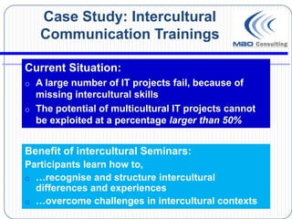 Case Study: Intercultural
   Communication Trainings

Current Situation:
o A large number of IT projects fail, because of
  missing intercultural skills
o The potential of multicultural IT projects cannot
  be exploited at a percentage larger than 50%


Benefit of intercultural Seminars:
Participants learn how to,
o …recognise and structure intercultural
  differences and experiences
o …overcome challenges in intercultural contexts
 