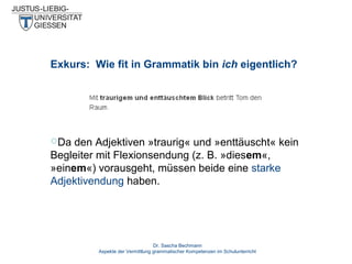 Exkurs: Wie fit in Grammatik bin ich eigentlich?

Da

den Adjektiven »traurig« und »enttäuscht« kein
Begleiter mit Flexionsendung (z. B. »diesem«,
»einem«) vorausgeht, müssen beide eine starke
Adjektivendung haben.

Dr. Sascha Bechmann
Aspekte der Vermittlung grammatischer Kompetenzen im Schulunterricht

 