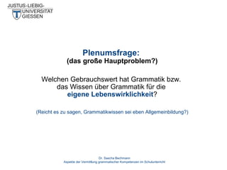 Plenumsfrage:

(das große Hauptproblem?)
Welchen Gebrauchswert hat Grammatik bzw.
das Wissen über Grammatik für die
eigene Lebenswirklichkeit?
(Reicht es zu sagen, Grammatikwissen sei eben Allgemeinbildung?)

Dr. Sascha Bechmann
Aspekte der Vermittlung grammatischer Kompetenzen im Schulunterricht

 