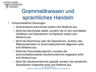 Grammatikwissen und
sprachliches Handeln
•

Unterschiedliche Deutungen:
– Grammatische Kenntnisse wirken sich fördernd aus
– Nicht die Kenntnisse selbst, sondern die im GU vermittelten
Verfahren und Operationen mit Sprache wirken sich
fördernd aus
– Nicht die Kenntnisse oder die Operationen, sondern das
Miteinanderreden im Grammatikunterricht allgemein wirkt
sich fördernd aus
– Nicht der Grammatikunterricht, sondern der
kommunikationsstarke Deutschunterricht insgesamt wirkt
sich fördernd aus
– Nicht der Deutschunterricht speziell, sondern die schulische
Sozialisation insgesamt wirkt sich fördernd aus
Dr. Sascha Bechmann
Aspekte der Vermittlung grammatischer Kompetenzen im Schulunterricht

 