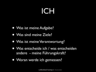ICH

• Was ist meine Aufgabe?
• Was sind meine Ziele?
• Was ist meine Verantwortung?
• Was entscheide ich / was entscheiden
  andere - meine Führungskraft?
• Woran werde ich gemessen?
               (c)Reinhard Austrup & Associates
 
