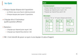 11
• Chaque équipe dispose de 4 questions
– Le fichier vous sera fourni ultérieurement
– Chaque équipe peut poser 2 questions
• L'équipe dira à l'animateur
quelle question afficher
• Notation :
– L'équipe qui répond juste reçoit 1 k€
– L'équipe qui répond faux donne 1 k€
• NB : il est interdit de poser un quiz si une équipe n'a plus d'argent
les Quiz Quiz
Quiz k€ Quiz k€ Quiz k€
1 4 7
2 5
3 6 Total 0
Fonctionnement :
- chaque équipe peut lancer 2 quiz maximum
- l'équipe qui répond juste reçoit 1 k€
- l'équipe qui répond faux perd 1 k€
Décompte :
- saisissez "1" ou "-1" pour chaque quiz lancé
Tout droit réservé - CIPE 2021 - www.CIPE.fr
 