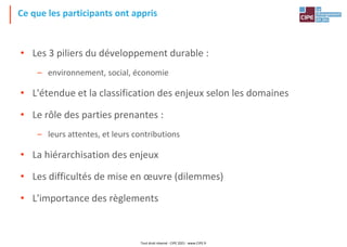 Ce que les participants ont appris
• Les 3 piliers du développement durable :
– environnement, social, économie
• L'étendue et la classification des enjeux selon les domaines
• Le rôle des parties prenantes :
– leurs attentes, et leurs contributions
• La hiérarchisation des enjeux
• Les difficultés de mise en œuvre (dilemmes)
• L'importance des règlements
Tout droit réservé - CIPE 2021 - www.CIPE.fr
 