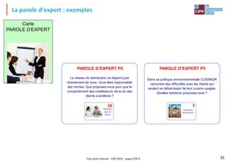 Tout droit réservé - CIPE 2015 - www.CIPE.fr
La parole d'expert : exemples
35
PAROLE D’EXPERT P5
Dans sa politique environnementale CUISINOR
rencontre des difficultés avec les clients qui
veulent se débarrasser de leur cuisine usagée.
Quelles solutions proposez-vous ?
PAROLE D’EXPERT P6
Le réseau de distribution ne dépend pas
directement de vous. Vous êtes responsable
des Ventes. Que proposez-vous pour que le
comportement des installateurs vis-à-vis des
clients s’améliore ?
Relations
avec les
clients
10
Traitement
des déchets
7
Carte
PAROLE D'EXPERT
 