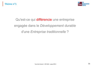 Tout droit réservé - CIPE 2015 - www.CIPE.fr
Thème n°1
Qu'est-ce qui différencie une entreprise
engagée dans le Développement durable
d'une Entreprise traditionnelle ?
53
 