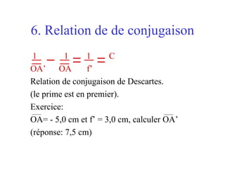 6. Relation de de conjugaison 1 1 1 C OA’  OA  f’ Relation de conjugaison de Descartes. (le prime est en premier). Exercice: OA= - 5,0 cm et f’ = 3,0 cm, calculer OA’ (réponse: 7,5 cm) 