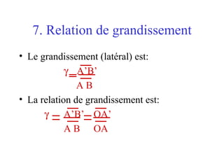 7. Relation de grandissement Le grandissement (latéral) est:    A’B’   A B La relation de grandissement est:    A’B’   OA’ A B   OA 