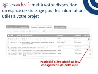 met à votre disposition
un espace de stockage pour les informations
utiles à votre projet

Possibilité d’être alerté sur les
changements de cette aide

 