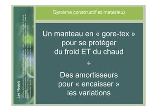 #25
        Système constructif et matériaux



      Un manteau en « gore-tex »
           pour se protéger
         du froid ET du chaud
                      +
          Des amortisseurs
          pour « encaisser »
            les variations
 