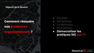 Comment résoudre
nos problèmes
organisationnels ?
● Faciliter
● Remplacer
● Uniformiser
● Inventorier
● Démocratiser les
pratiques SIG aux TI
Objectif de la librairie
 
