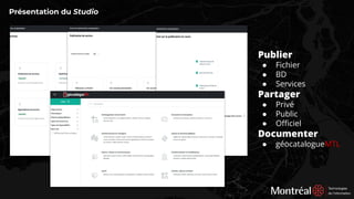Présentation du Studio
Publier
● Fichier
● BD
● Services
Partager
● Privé
● Public
● Oﬃciel
Documenter
● géocatalogueMTL
 