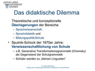 Das didaktische Dilemma
Theoretische und konzeptionelle
Überlagerungen der Bereiche
– Sprachwissenschaft,
– Sprachdidaktik und
– Bildungspolitik/Schule

• Sputnik-Schock der 1970er Jahre:
Verwissenschaftlichung von Schule
– z.B. Generative Transformationsgrammatik (Chomsky)
als Gegenstand der Schulgrammatik
– Schüler werden zu „kleinen Linguisten“
Dr. Sascha Bechmann
Aspekte der Vermittlung grammatischer Kompetenzen im Schulunterricht

 