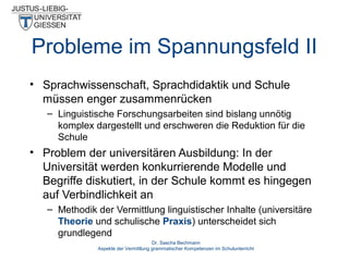 Probleme im Spannungsfeld II
• Sprachwissenschaft, Sprachdidaktik und Schule
müssen enger zusammenrücken
– Linguistische Forschungsarbeiten sind bislang unnötig
komplex dargestellt und erschweren die Reduktion für die
Schule

• Problem der universitären Ausbildung: In der
Universität werden konkurrierende Modelle und
Begriffe diskutiert, in der Schule kommt es hingegen
auf Verbindlichkeit an
– Methodik der Vermittlung linguistischer Inhalte (universitäre
Theorie und schulische Praxis) unterscheidet sich
grundlegend
Dr. Sascha Bechmann
Aspekte der Vermittlung grammatischer Kompetenzen im Schulunterricht

 