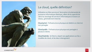 14
Le cloud, quelle définition?
Utilisation en libre service et facturation à la demande de
puissance informatique élastiq...