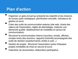Plan d'action
• Organiser un gala annuel qui présente les objectifs et les missions
du bureau (plan stratégique, planification annuelle, indicateurs de
gestion et suivi)
• Créer des outils de communication externe (site web, charte des
valeurs de l'association, règles de déontologie, instaurer une
démarche qualité, établissement de modalités et canaux de
communication)
• Structurer la communication interne (courriers, emails, affiches,
compte rendu des réunions, rapports d'activité) accompagnée des
outils de réaction (questionnaires, boîtes à outil...)
• Gestion de projets : Structurer l'association autour d'équipes
projets (modalités de mise en oeuvre et suivi)
• Calendrier de structuration, élaboration participative
 
